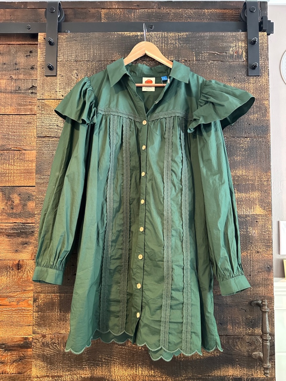 Anthropologie Forest Green Ruffle-Trim Midi Dress